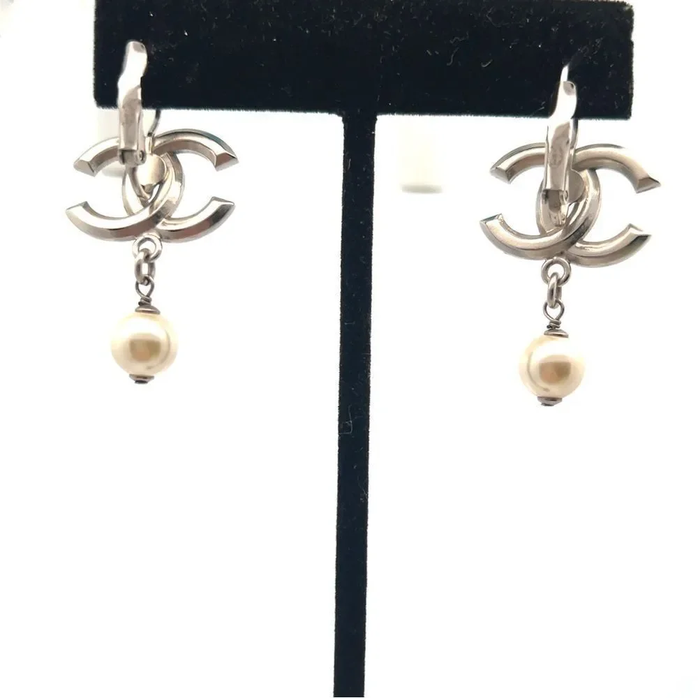 Chanel Chanel CC Faux Pearl & Crystal Silver Tone Drop Earrings